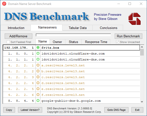 DNS Benchmark Start Nameservers