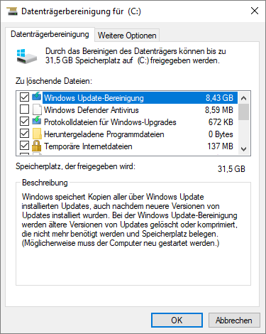 Datenträgerbereinigung Windows - als Administrator